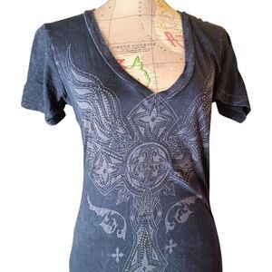 AFFLICTION Vintage Y2K Live Fast Size Small Faded Black Studded Cross T-Shirt